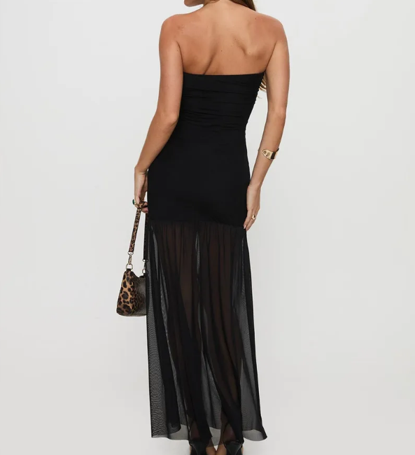 Elegantes trägerloses Maxikleid mit transparentem Rock und Beinschlitz in Schwarz