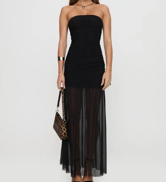 Elegantes trägerloses Maxikleid mit transparentem Rock und Beinschlitz in Schwarz
